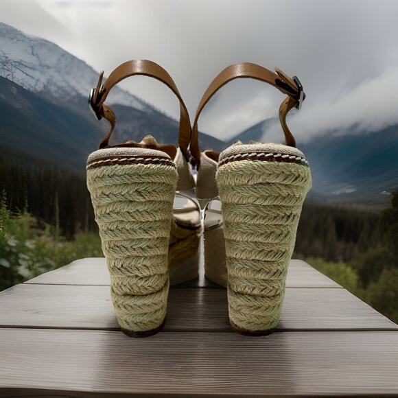 Tory Burch Canvas Leather Espadrille Wedge Sandal Size 8M Beige Brown - Picture 6 of 14